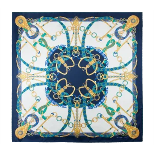 Foulard donna 90x90 in seta con fantasia catene e nastri blu navy turchese e oro