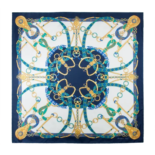 Foulard donna 90x90 in seta con fantasia catene e nastri blu navy turchese e oro