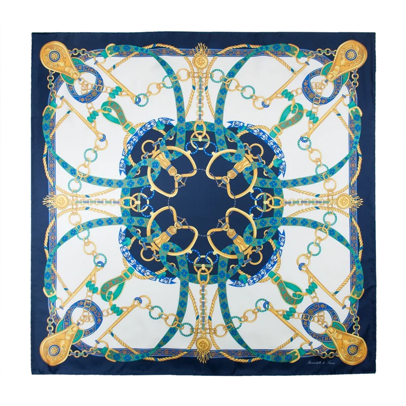 Foulard donna 90x90 in seta con fantasia catene e nastri blu navy turchese e oro