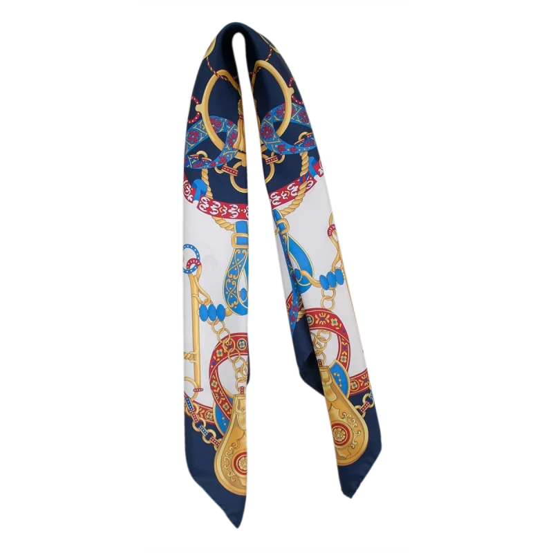 Foulard in seta blu navy e rosso rubino con dettagli oro