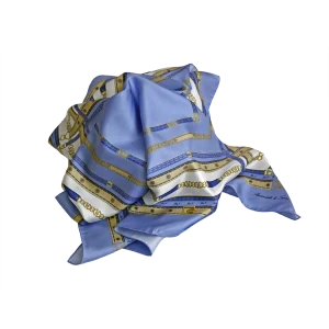 Foulard in twill di seta azzurro polvere con dettagli di fibbie e intrecci ornamentali