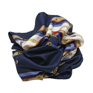 Foulard donna in seta blu navy con dettagli rossi e intrecci ornamentali