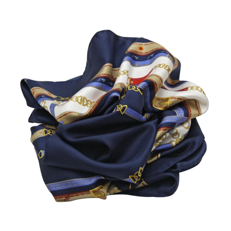 Foulard donna in seta blu navy con dettagli rossi e intrecci ornamentali