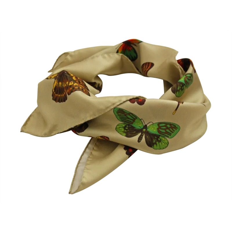 foulard in seta beige sabbia annodato con fantasia farfalle colorate