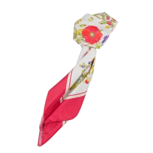 foulard da donna in seta annodato con fiori frutti e bordo rosso