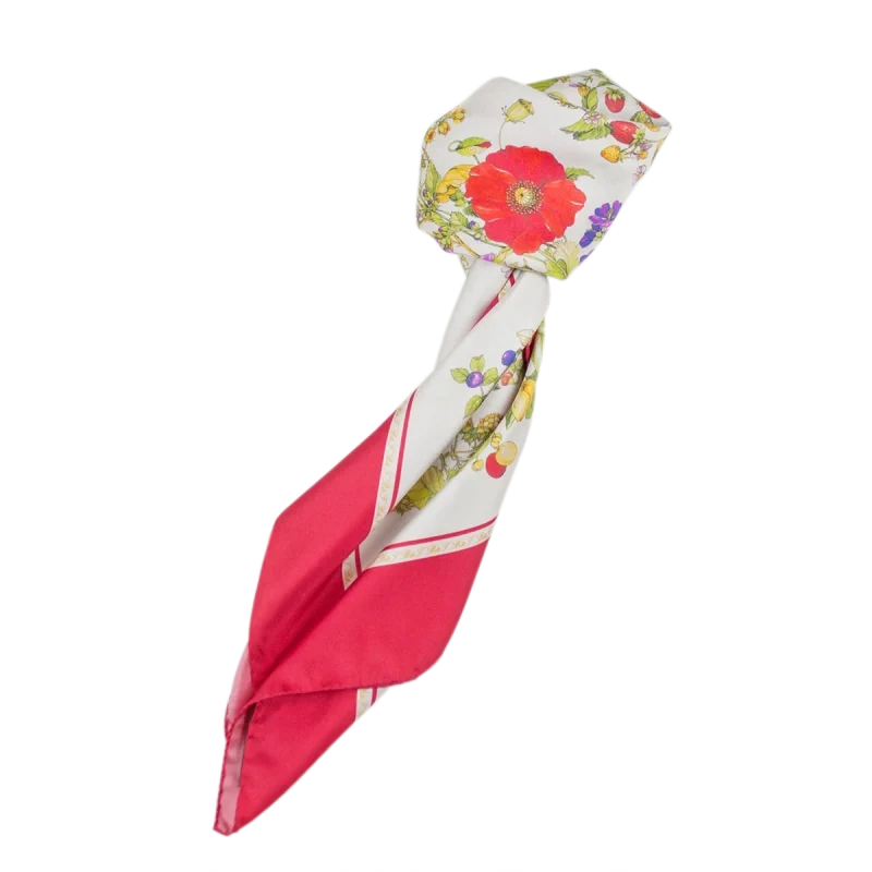 foulard da donna in seta annodato con fiori frutti e bordo rosso