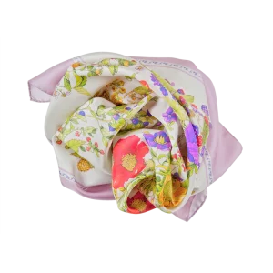 foulard in seta da donna con papaveri fiori colorati e bordo rosa