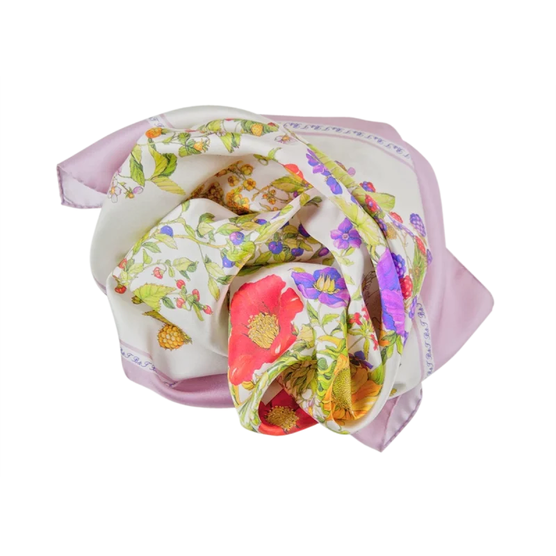 foulard in seta da donna con papaveri fiori colorati e bordo rosa