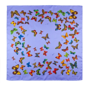 foulard 90x90 in seta color pervinca con fantasia di farfalle multicolore