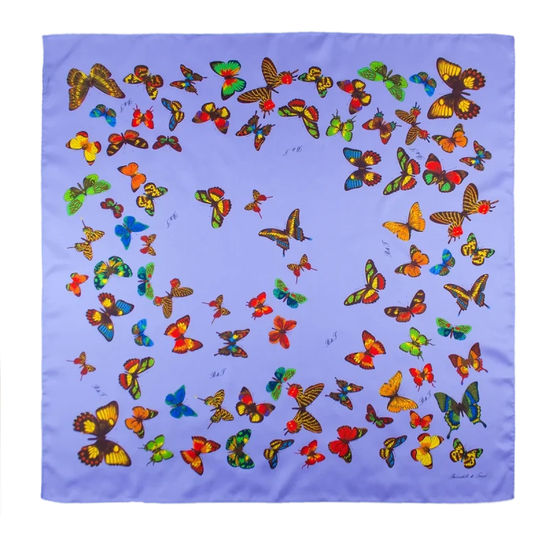 foulard 90x90 in seta color pervinca con fantasia di farfalle multicolore