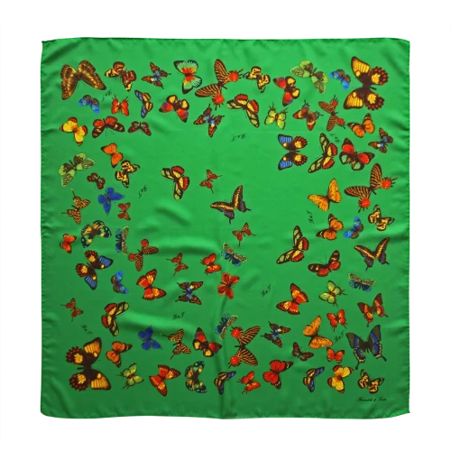 foulard 90x90 in seta verde smeraldo con fantasia farfalle colorate Made in Italy