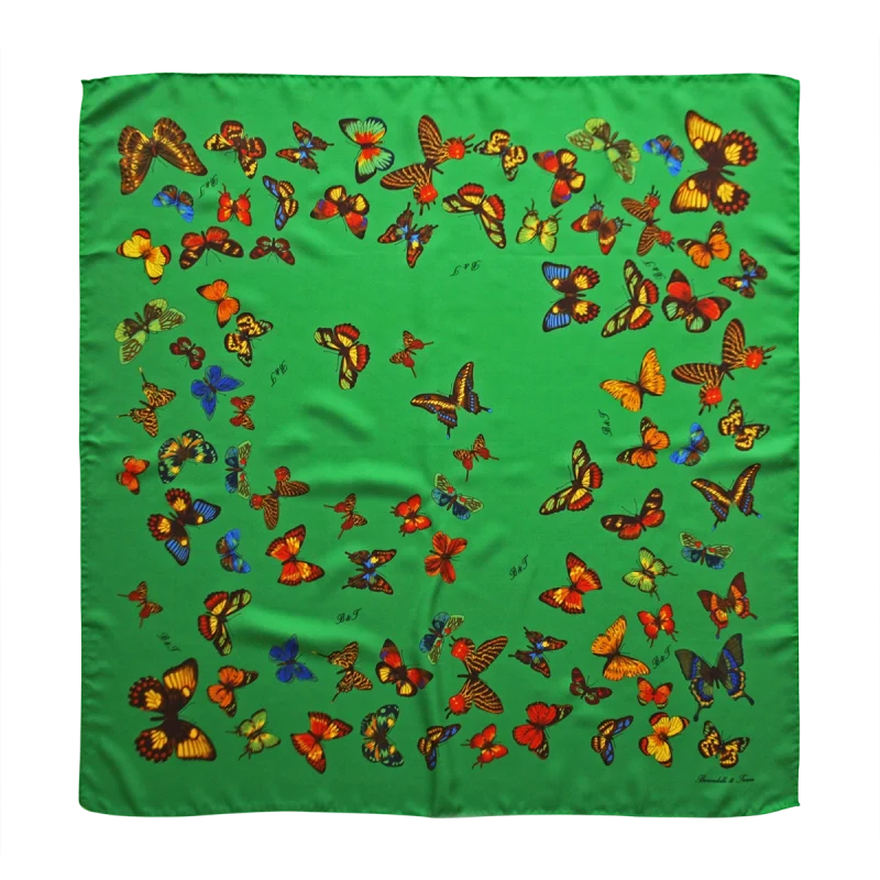 foulard 90x90 in seta verde smeraldo con fantasia farfalle colorate Made in Italy