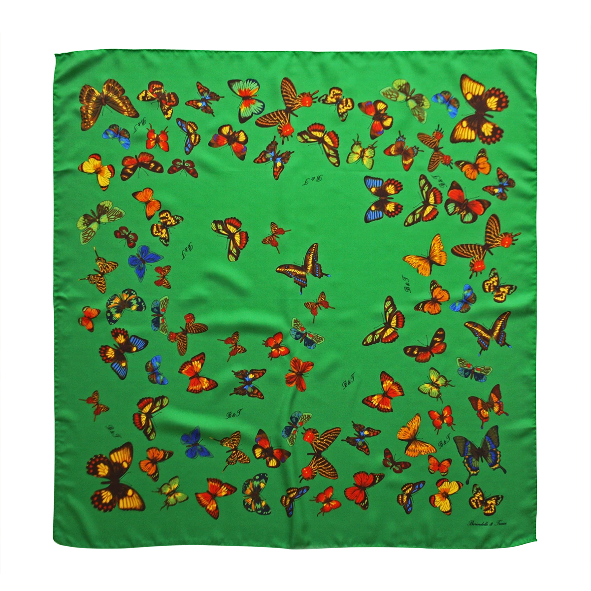 foulard 90x90 in seta verde smeraldo con fantasia farfalle colorate Made in Italy