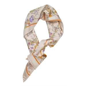 foulard da donna in seta annodato con fiori lilla e dettagli arancio