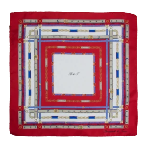 Foulard 45x45 in seta twill rosso con motivo cinture nei toni blu e bianco