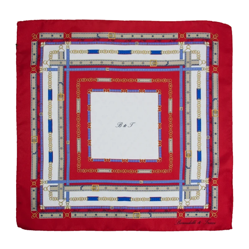 Foulard 45x45 in seta twill rosso con motivo cinture nei toni blu e bianco