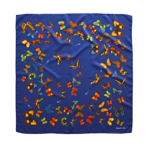 foulard in seta blu navy con fantasia farfalle colorate