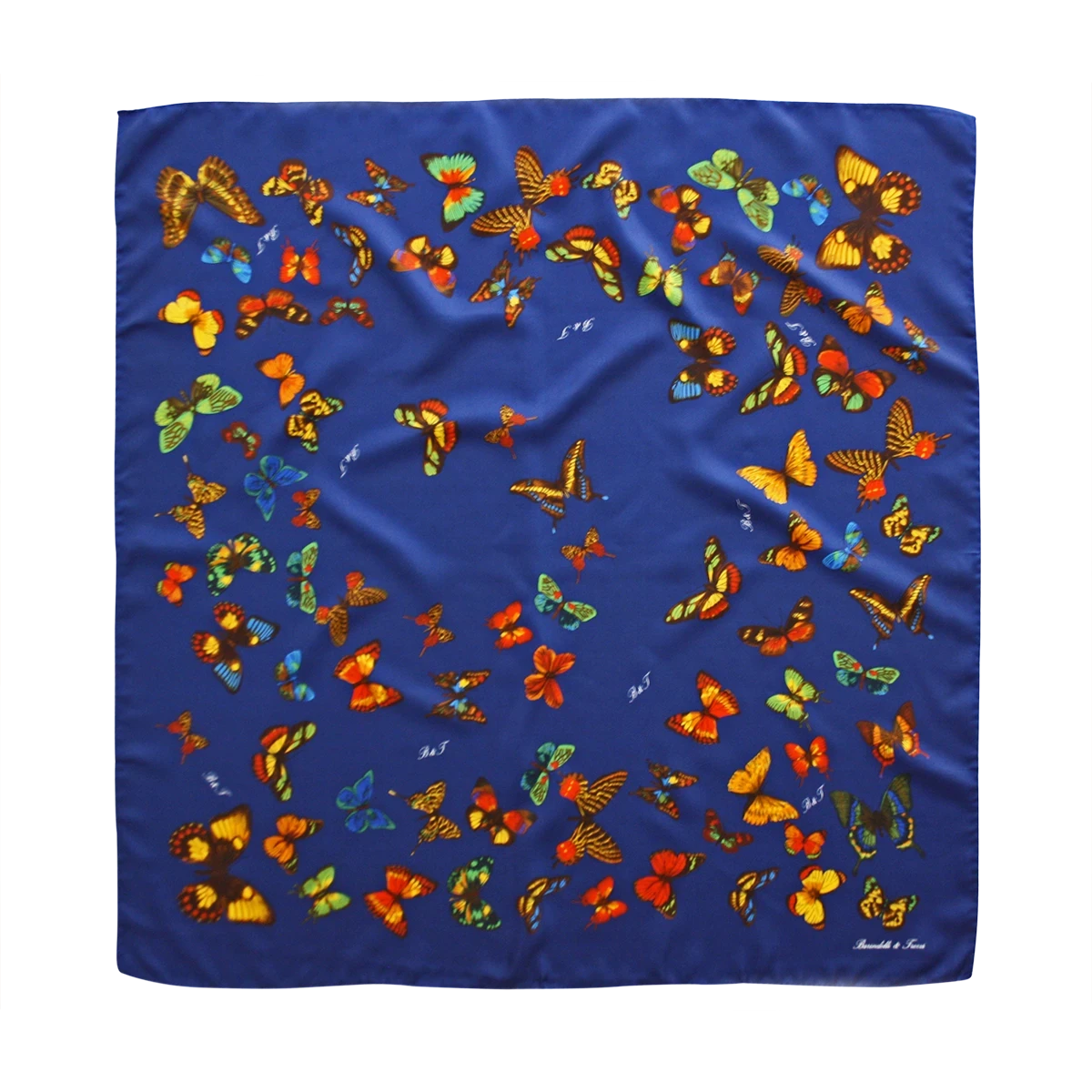 foulard in seta blu navy con fantasia farfalle colorate
