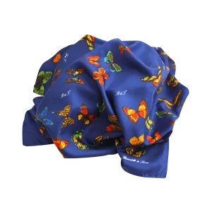 foulard in seta blu navy con fantasia farfalle in morbido drappeggio