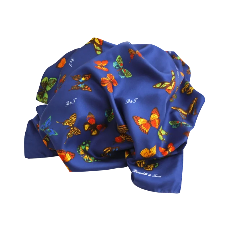 foulard in seta blu navy con fantasia farfalle in morbido drappeggio