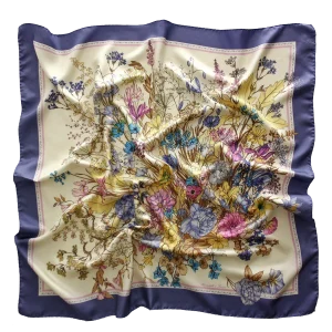 Foulard 90x90 in Seta Fiori Botanici Viola Pervinca FIA12 foulard 90x90 in seta con fiori botanici e bordo viola pervinca