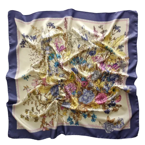 foulard 90x90 in seta con fiori botanici e bordo viola pervinca
