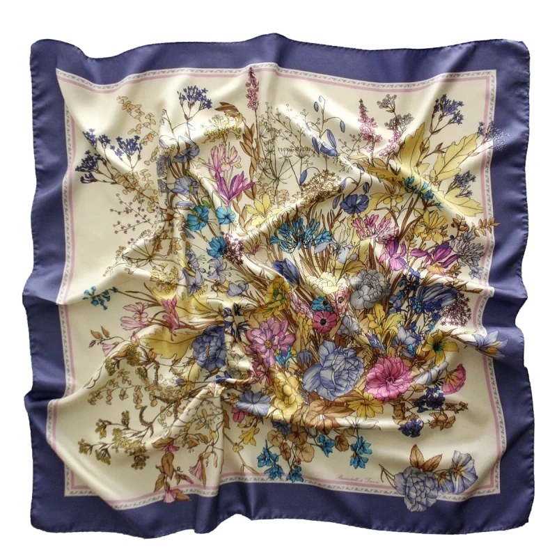 Foulard 90x90 in Seta Fiori Botanici Viola Pervinca FIA12 foulard 90x90 in seta con fiori botanici e bordo viola pervinca