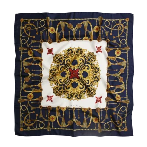 foulard in seta blu navy con motivi nautici dorati e dettagli rossi steso aperto
