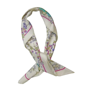 foulard in seta annodato con fiori lilla e rosa e dettagli turchesi