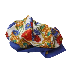 foulard in seta blu royal drappeggiato con papaveri rossi e fiori blu