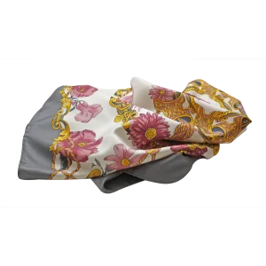 foulard in seta con bordo grigio drappeggiato e fantasia floreale rosa bordeaux