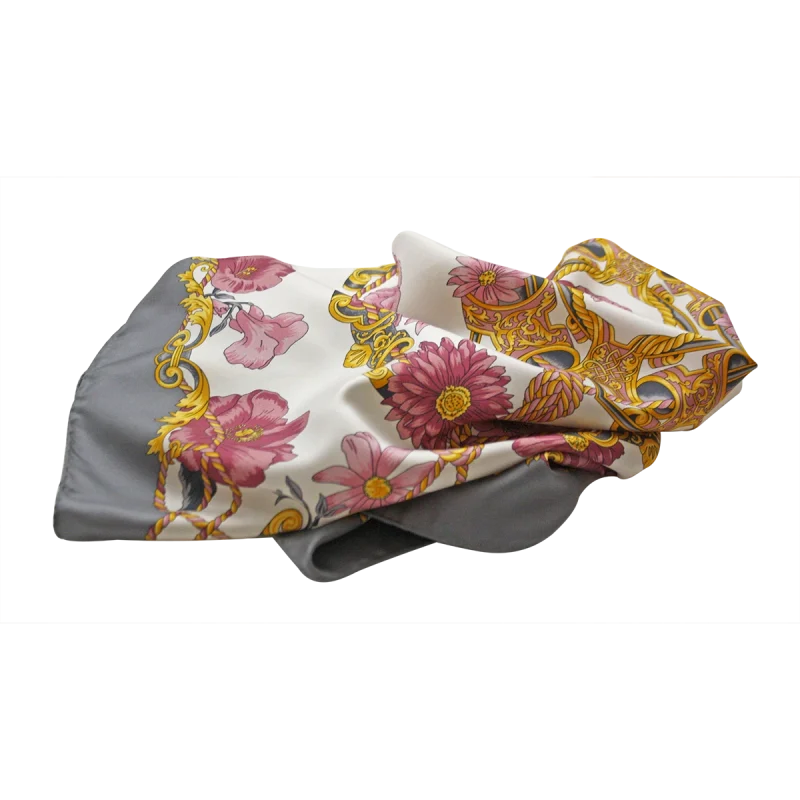 foulard in seta con bordo grigio drappeggiato e fantasia floreale rosa bordeaux