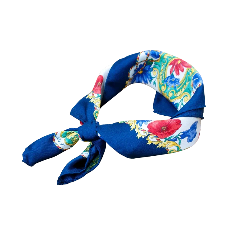 Fazzoletto seta da collo per mamma e figlia a fiori blu navy