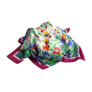 foulard in seta drappeggiato con fantasia floreale multicolore e bordo bordeaux