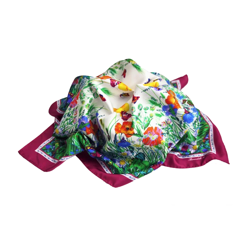 foulard in seta drappeggiato con fantasia floreale multicolore e bordo bordeaux