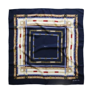 Foulard 90x90 in seta blu navy con dettagli rossi e fantasia cinture e fibbie
