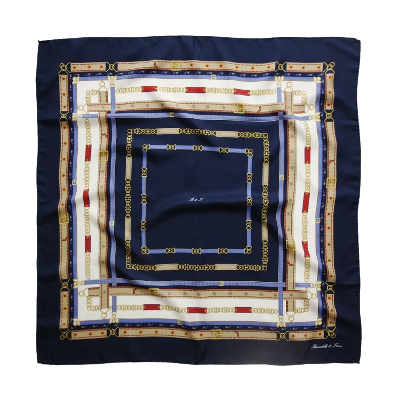 Foulard 90x90 in seta blu navy con dettagli rossi e fantasia cinture e fibbie