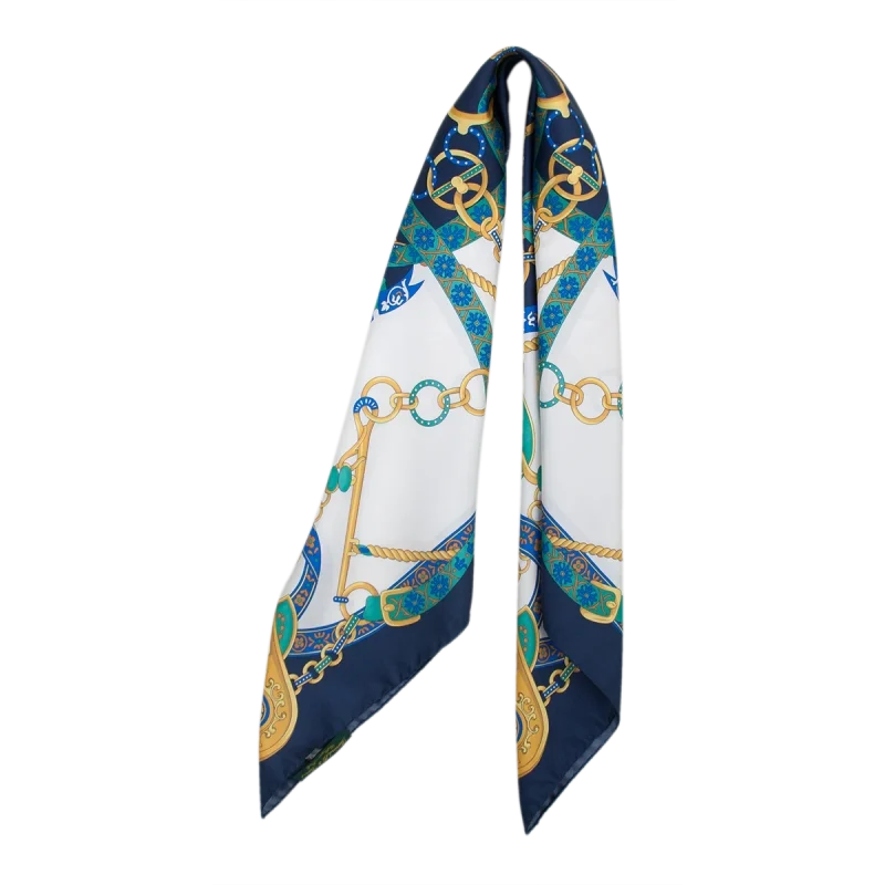 Foulard quadrato donna in seta con catene decorative e nastri turchesi