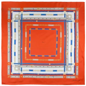 Foulard 90x90 in seta arancione intenso con fantasia cinture e fibbie