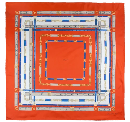 Foulard 90x90 in seta arancione intenso con fantasia cinture e fibbie