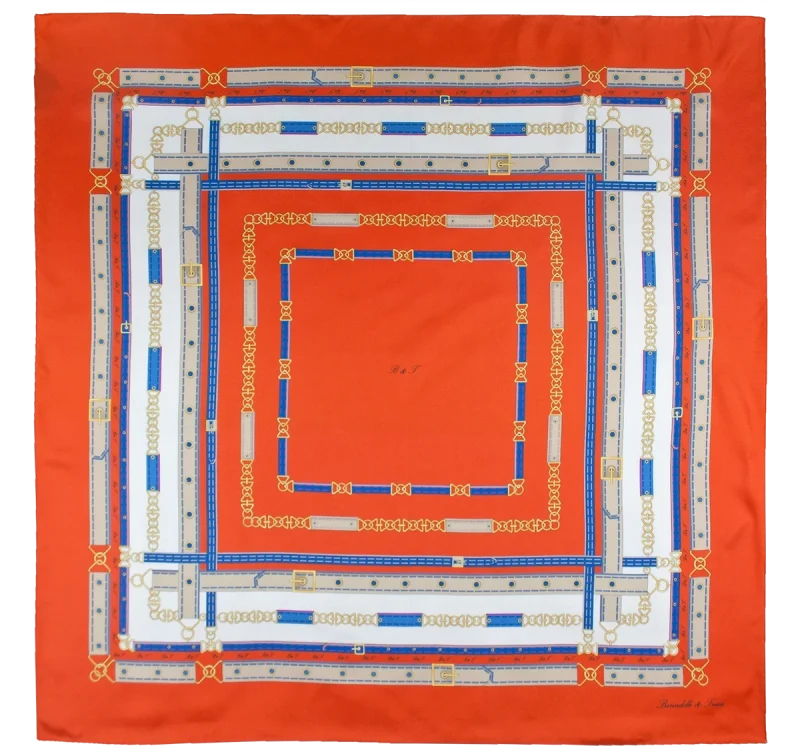 Foulard 90x90 in seta arancione intenso con fantasia cinture e fibbie