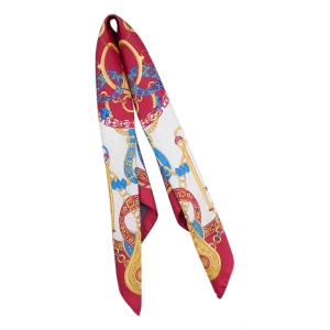Foulard in seta Made in Italy con catene decorative e nastri rossi
