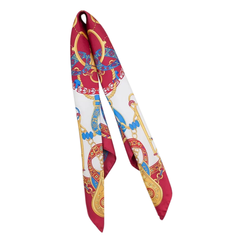 Foulard in seta Made in Italy con catene decorative e nastri rossi