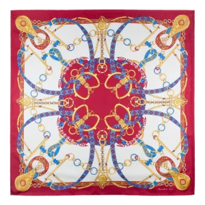 Foulard donna 90x90 in seta con fantasia catene e nastri rosso rubino bianco e oro