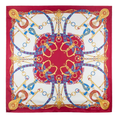 Foulard donna 90x90 in seta con fantasia catene e nastri rosso rubino bianco e oro