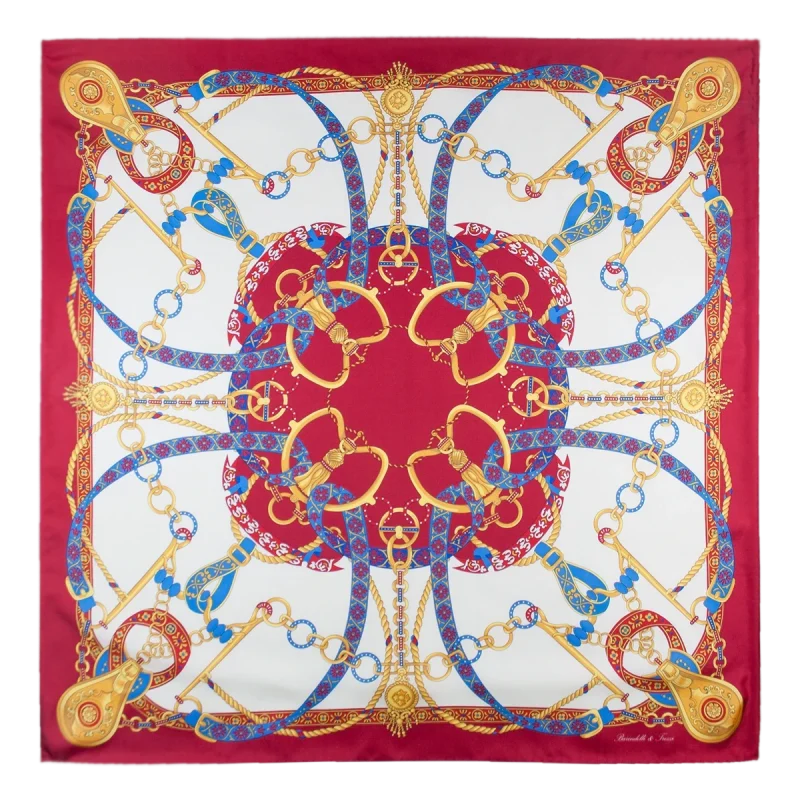 Foulard donna 90x90 in seta con fantasia catene e nastri rosso rubino bianco e oro
