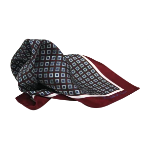 Pochette da taschino uomo in seta twill con microfantasia geometrica bordeaux blu e bianco