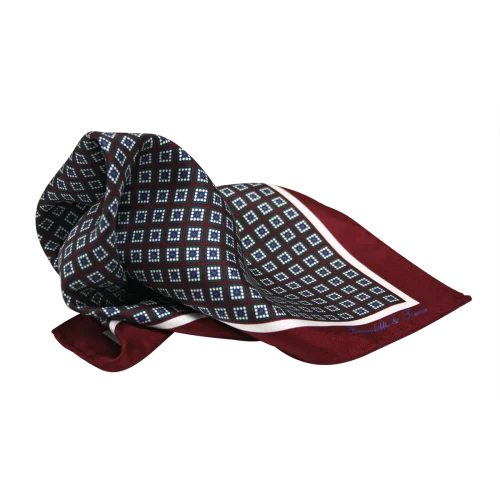 Pochette da taschino uomo in seta twill con microfantasia geometrica bordeaux blu e bianco
