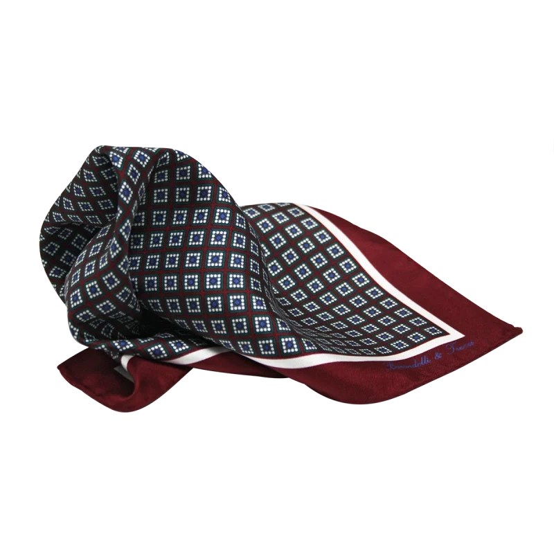 Pochette da taschino uomo in seta twill con microfantasia geometrica bordeaux blu e bianco
