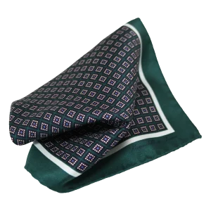 Pochette da taschino uomo in seta twill con microfantasia geometrica verde blu e bianco